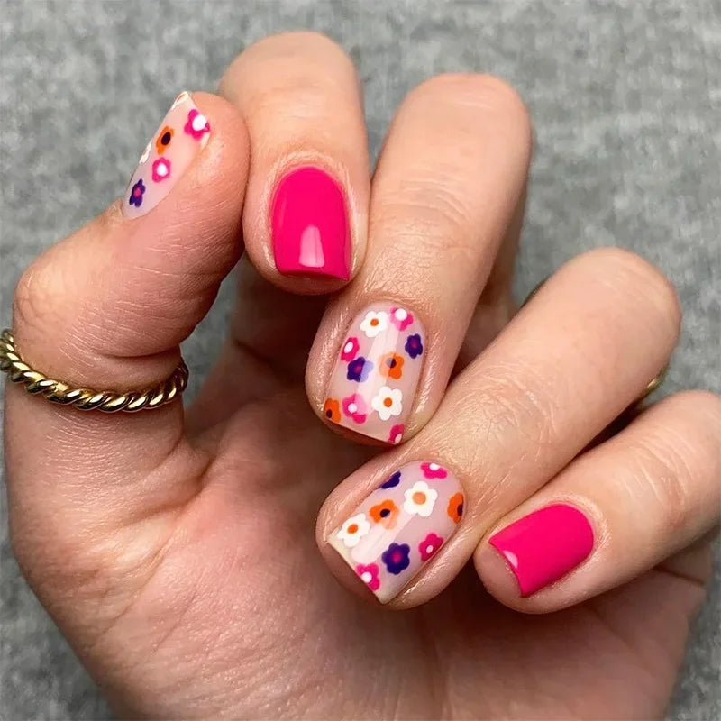 24Pcs Short Almond Press-On Nails Pink Floral French Tip Glossy&Elegant Full Cover Fake Nails