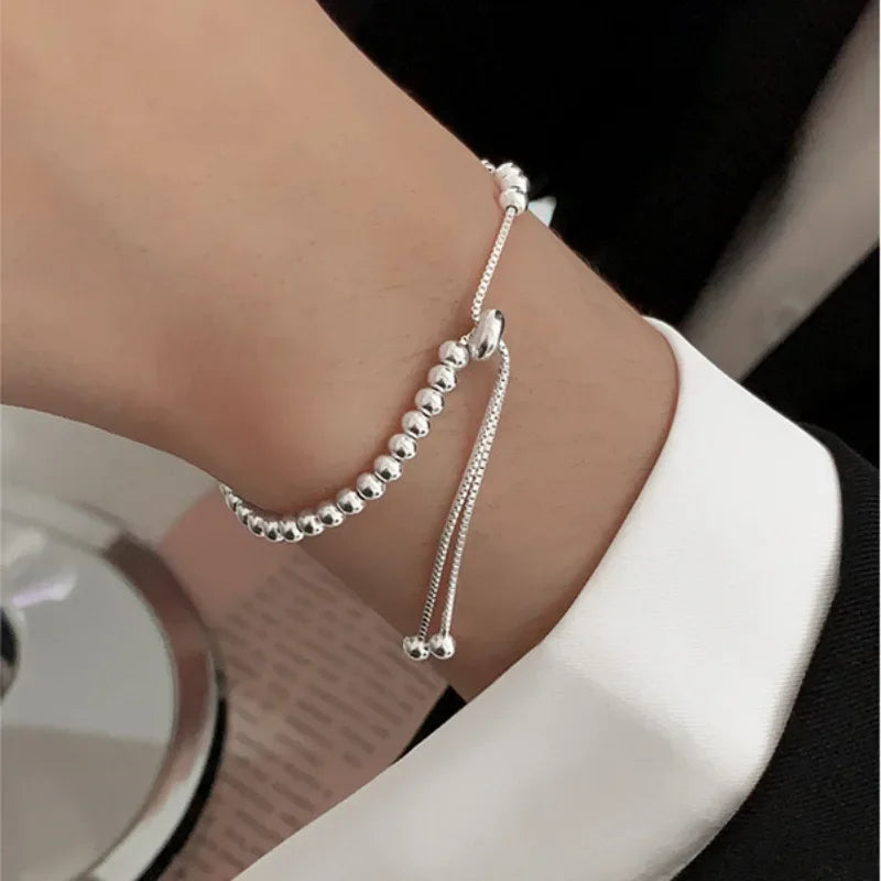 100% Solid 925 Sterling Silver Metal Bracelets for Women Men Beads Adjustable
