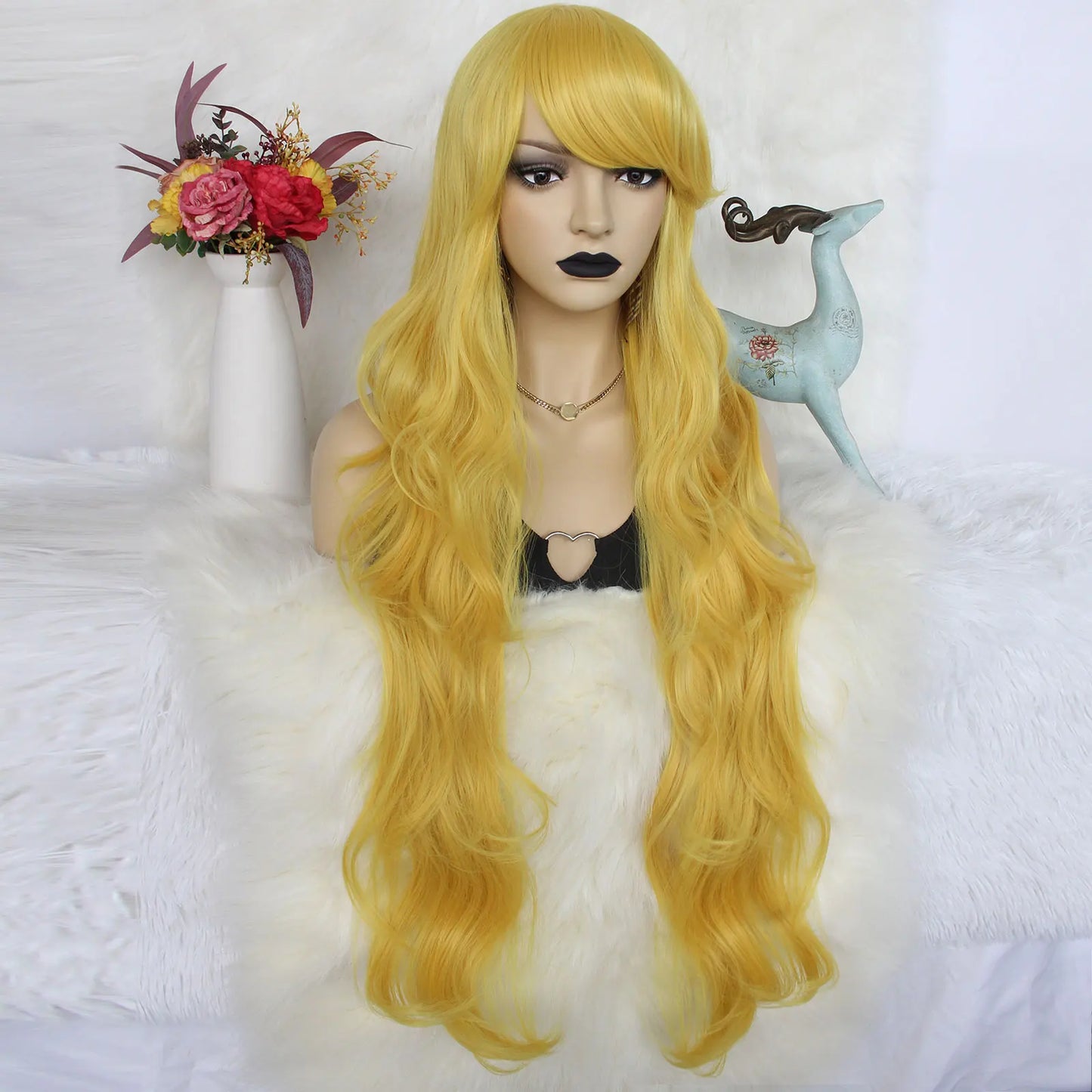 Synthetic hair 30 inches long yellow, loose body wavy and sexy wig with flat bangs,