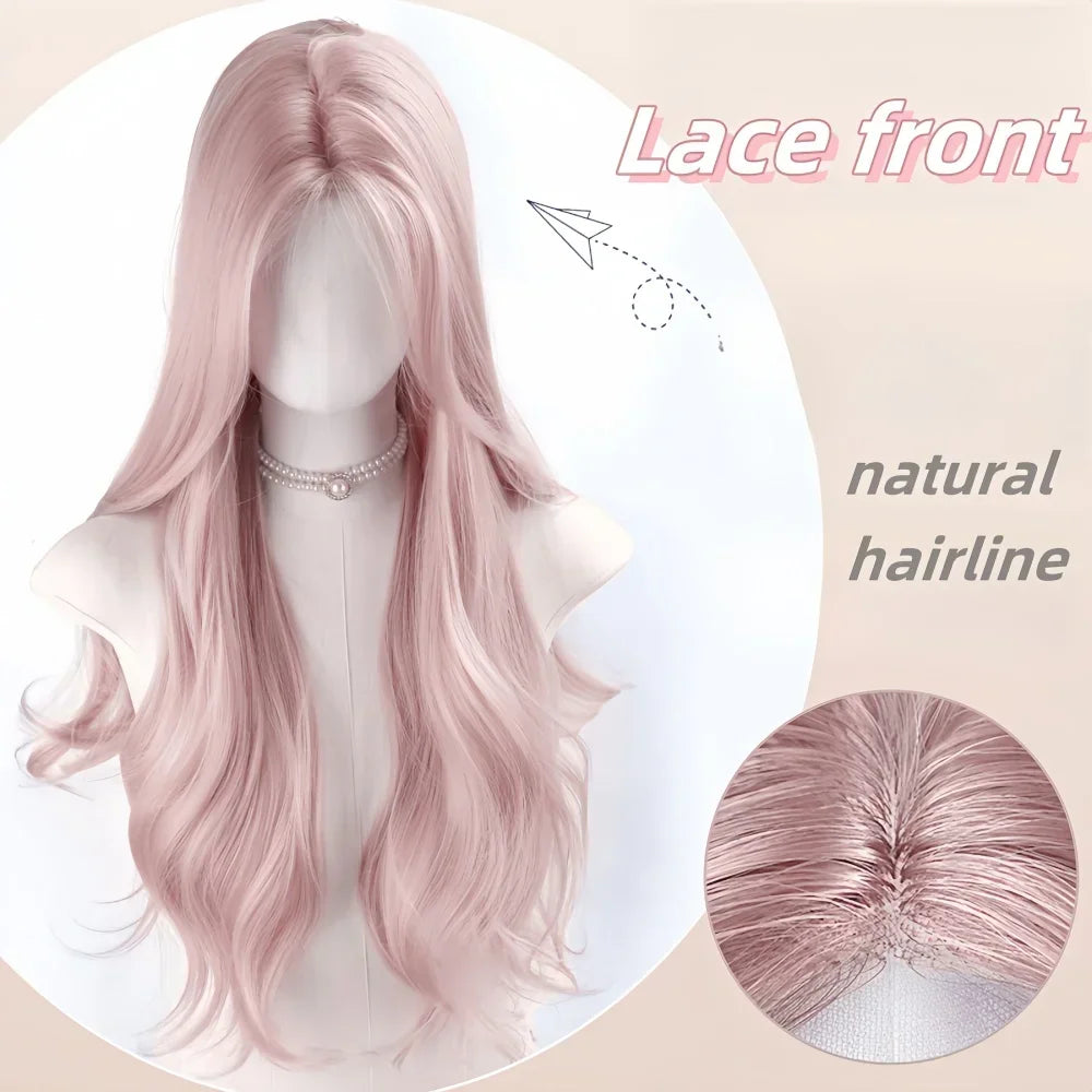Pink Wig for Women Long Wavy Cosplay Wigs Natural Soft Sweet Synthetic Wig for Daily Use