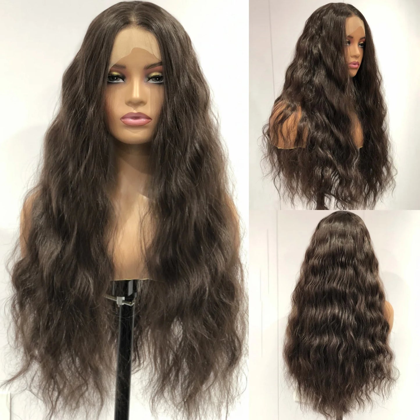 Dark Brown Wig Natural Wavy Synthetic Hair 13X4 Lace Front Wig Brunette Colored Deep Wave