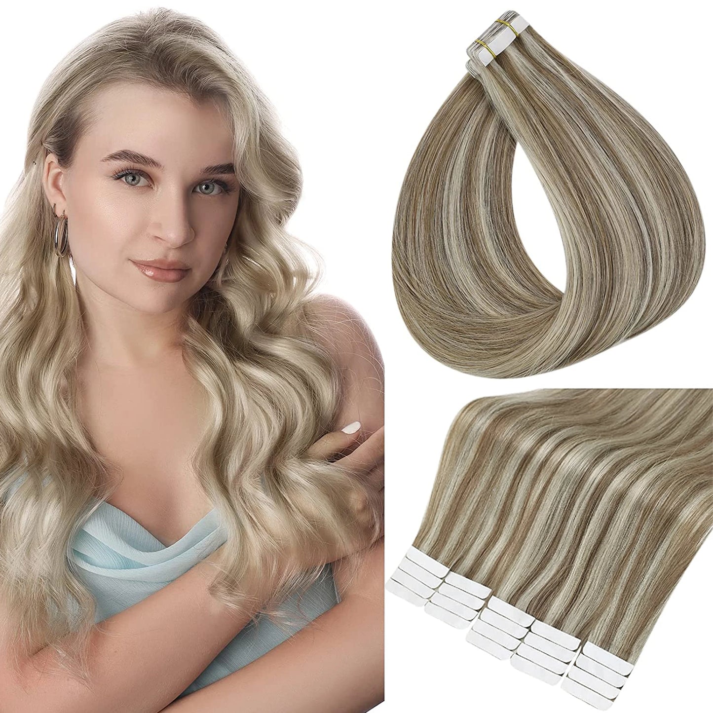 Full Shine Tape in Human Hair Extensions 100% Remy Natural Human Hair Extensions Tape in Omber Blonde Hair Extensions for Women