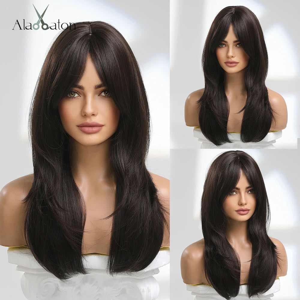 ALAN EATON Long Blonde Wigs for Women Synthetic Hair Wig with Fringe Ombre Color with Dark Roots Layered Wigs Heat Resistant