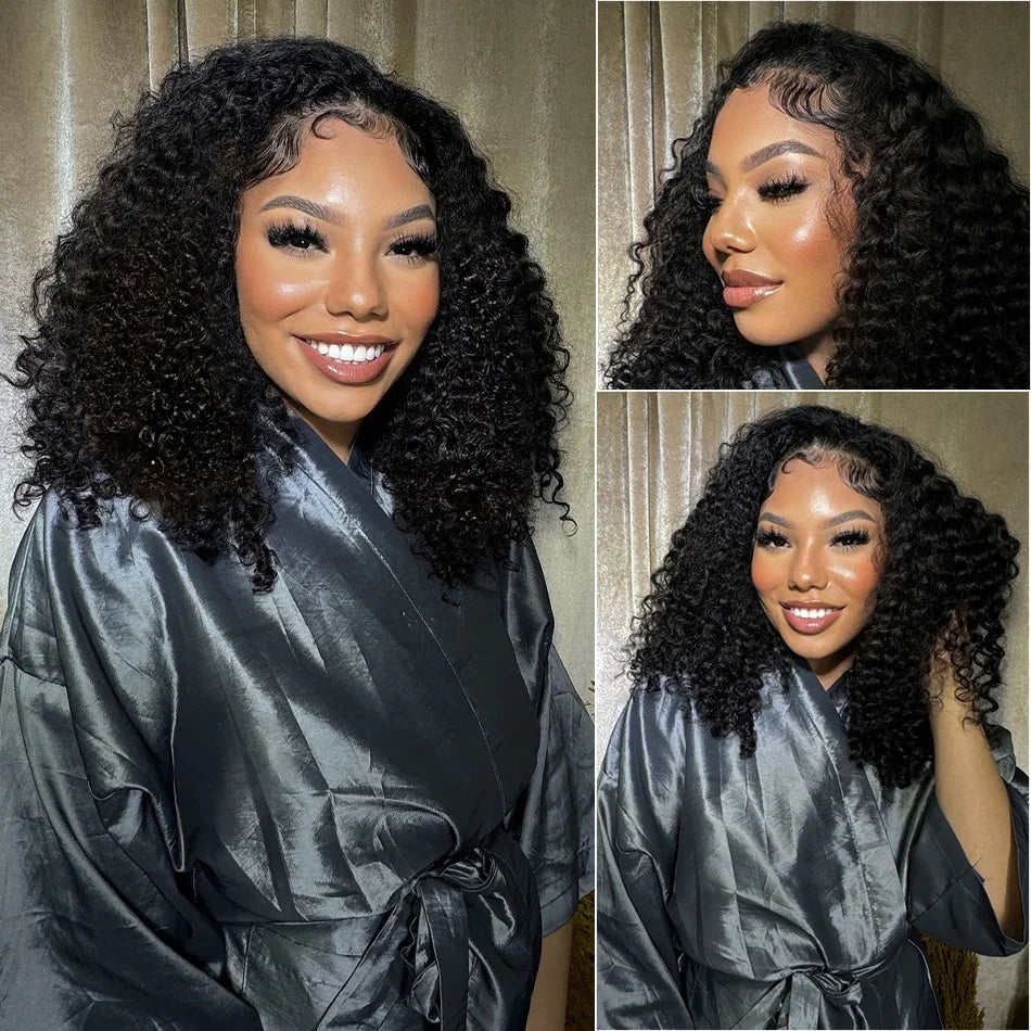 250 280 Density Short Bob Kinky Curly Human Hair 100% Frontal Wig Deep Wave 13x4 13x6 Transparent Lace Front Wigs Pre Plucked