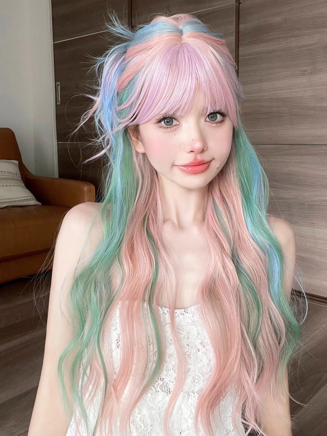 28Inch Iridescent Rainbow Color Multicolour Synthetic Wigs with Bang Long Natural Wavy Hair Wig