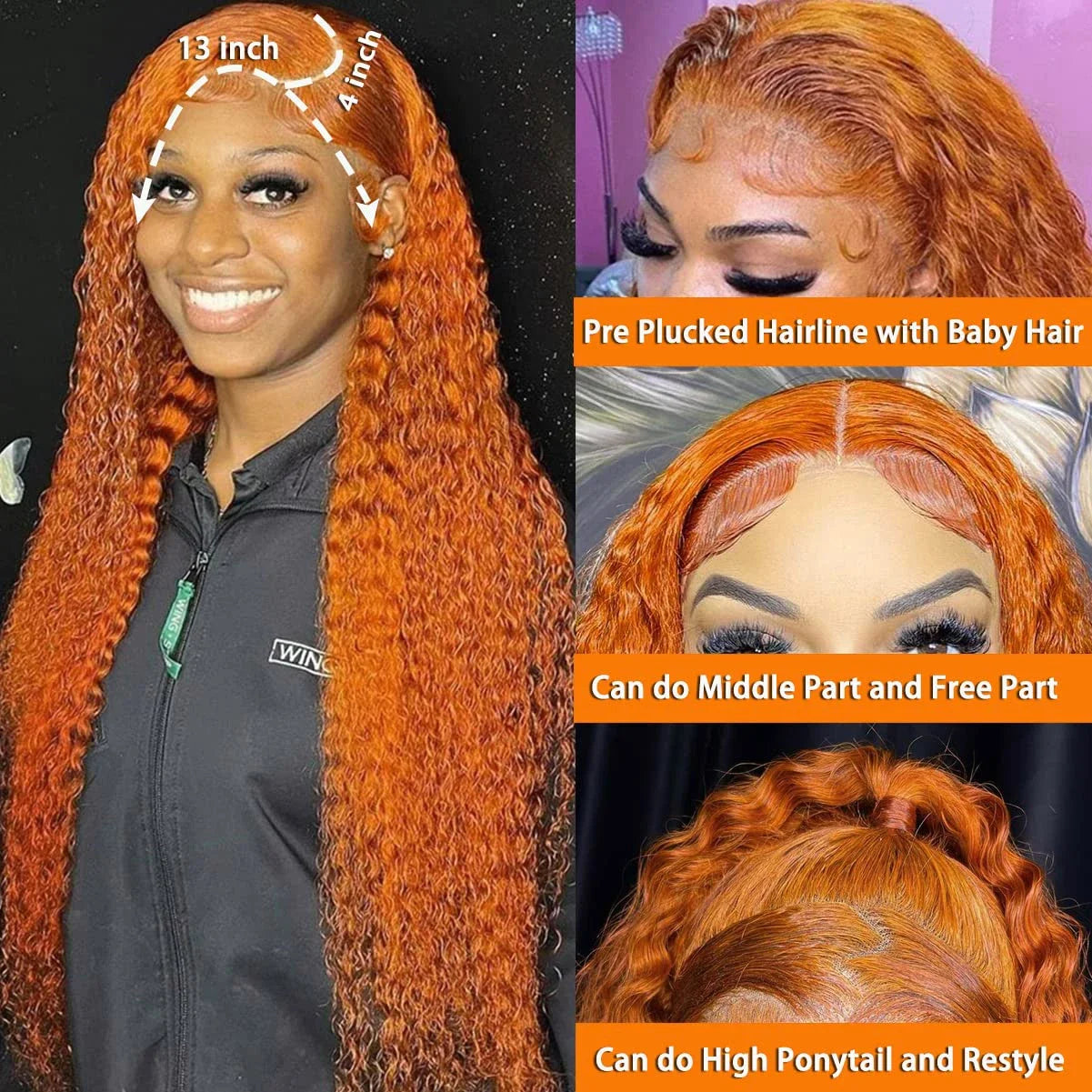 13x6 HD 30 Inch Ginger Orange Lace Front Wig Loose Deep Wave Curly Lace Front Human Hair Wigs Water Wave 13x4 Lace Frontal Wigs