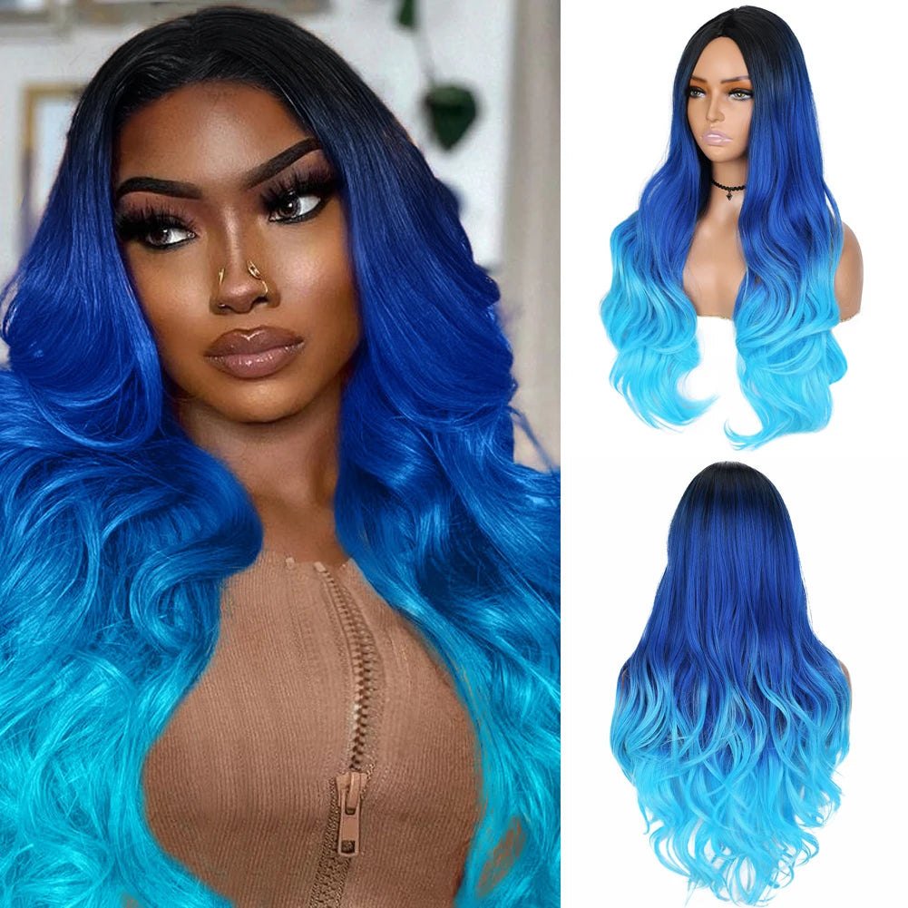 Long Purple Wavy Wigs Ombre Purple Body Wave Mermaid Hair Wig F