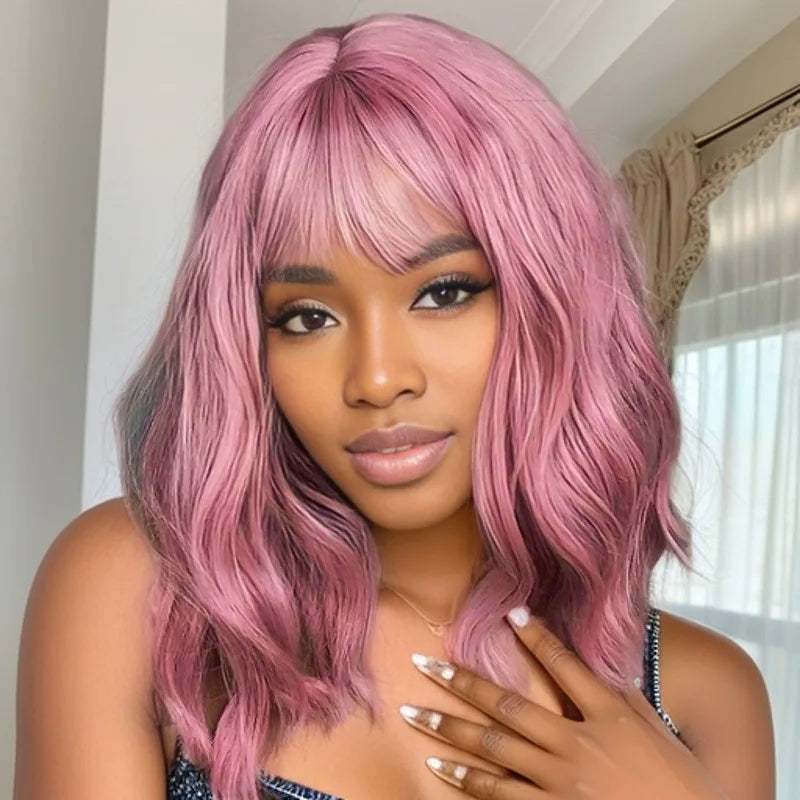 Fashion wig Women's mid-length curly hair air bangs Burgundy shoulder length corn perm synthetic fiber wig set