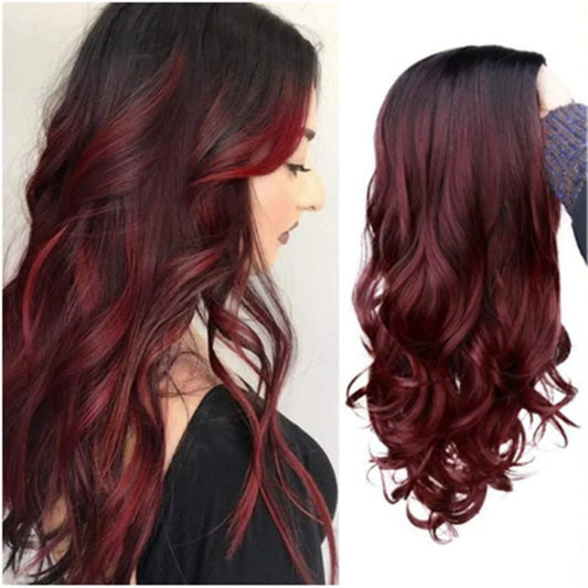 Long Curly Wine Burgundy Red Synthetic Wigs with Long Bangs for Women Afro Deep Wave Cosplay Party Natural Hair Heat Resistant