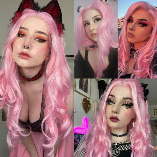 Long Pink Wavy Wigs for Women Synthetic Hair Free Part Body Wave Natural Curly Pastel Pink Colored Wigs