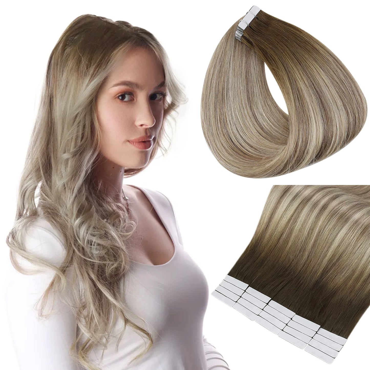 Full Shine Tape in Human Hair Extensions 100% Remy Natural Human Hair Extensions Tape in Omber Blonde Hair Extensions for Women