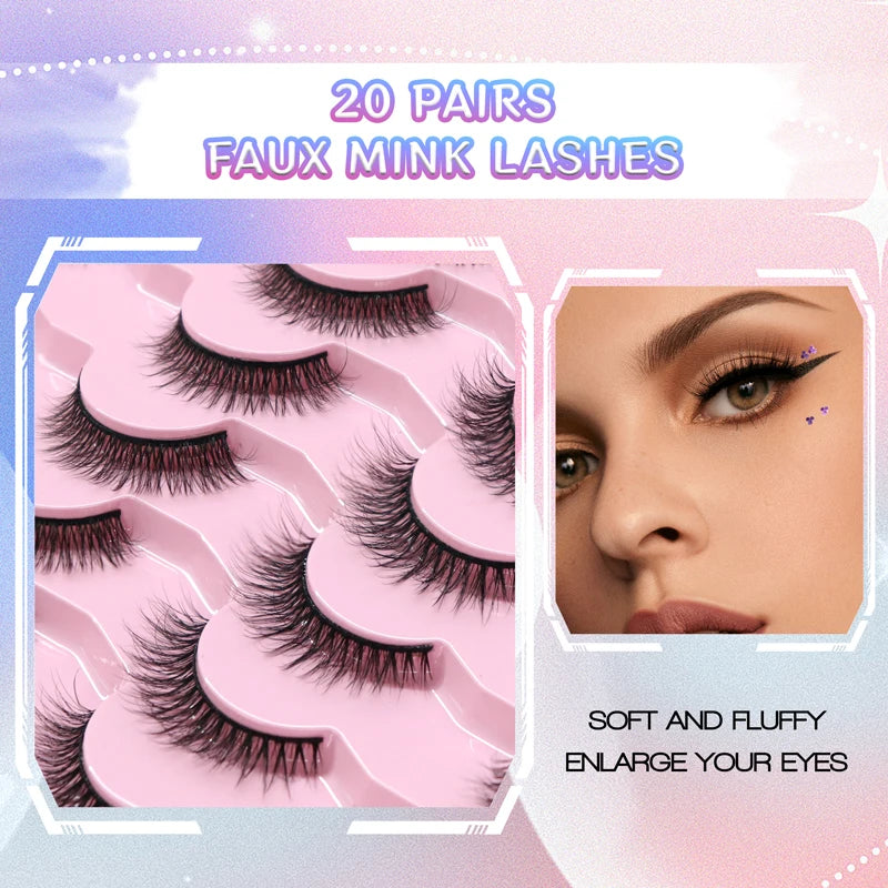 Lashes 20 Pairs 3D Faux Mink Eyelash Natural Look False Eyelashes Dramatic Volume Thick Lashes