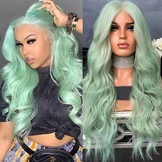 FANXITION Long Light Green Synthetic Hair Loose Wave Cosplay Party Wigs for Black Women Natural Hairline Daily Wear Wigs