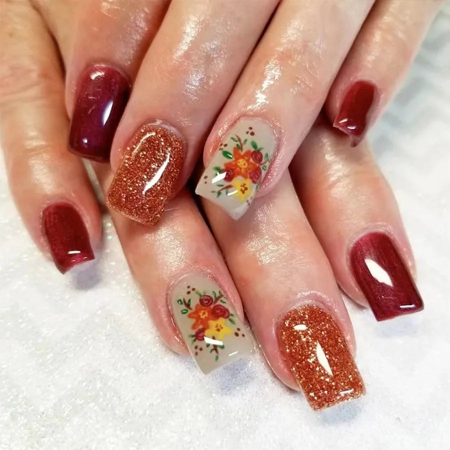 24Pcs Short Almond Press-On Nails Pink Floral French Tip Glossy&Elegant Full Cover Fake Nails