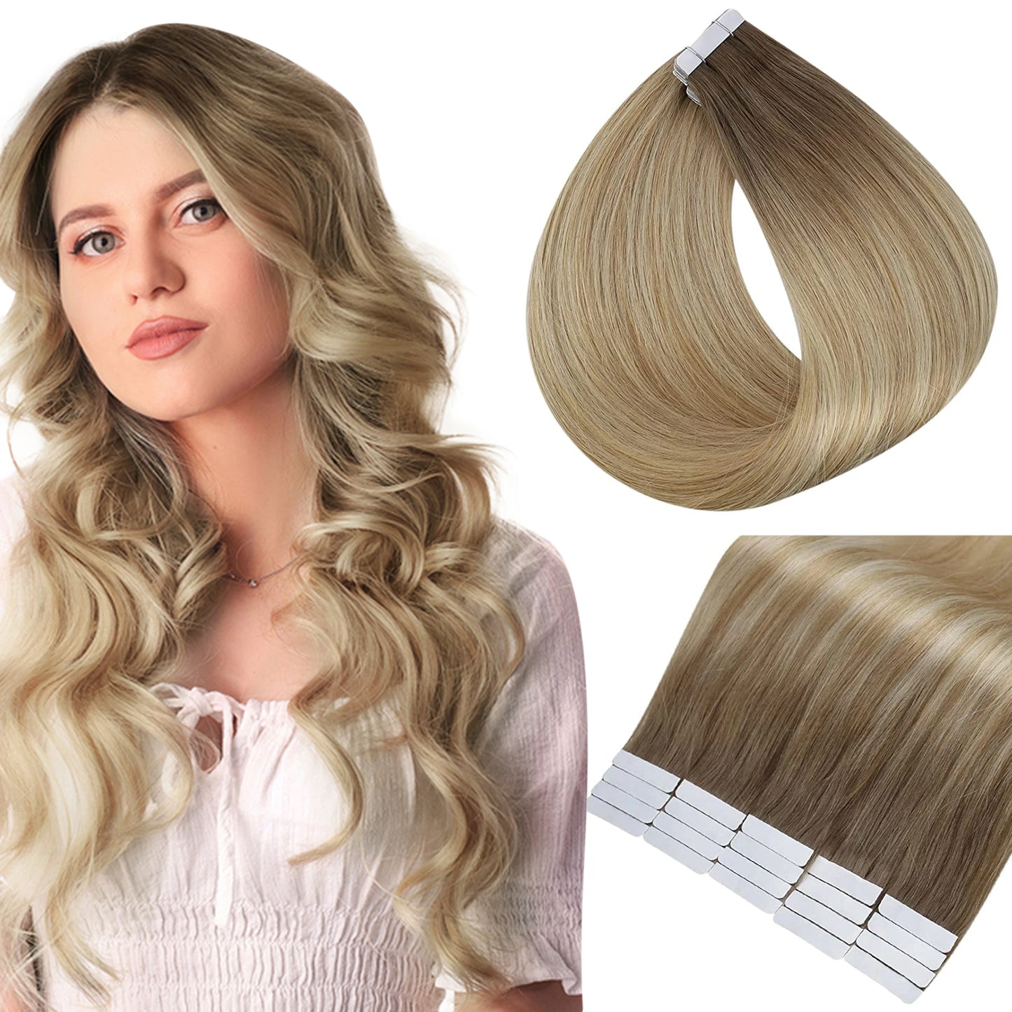 Full Shine Tape in Human Hair Extensions 100% Remy Natural Human Hair Extensions Tape in Omber Blonde Hair Extensions for Women