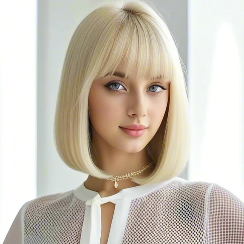 Luxurious 12” gold,color bangs synthetic wig with elegant, voluminous texture for everyday