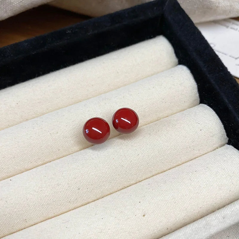 Delicate Red Round Bead Earrings Women's Fashion Inlaid Zircon Earrings Sweet Geometry Earrings