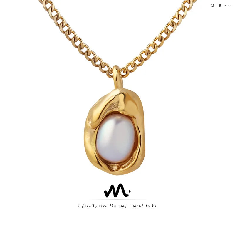 Fashion Inlaid Pearls Pendant Necklace for Women Luxury Design Stainless Steel Cuban Chain