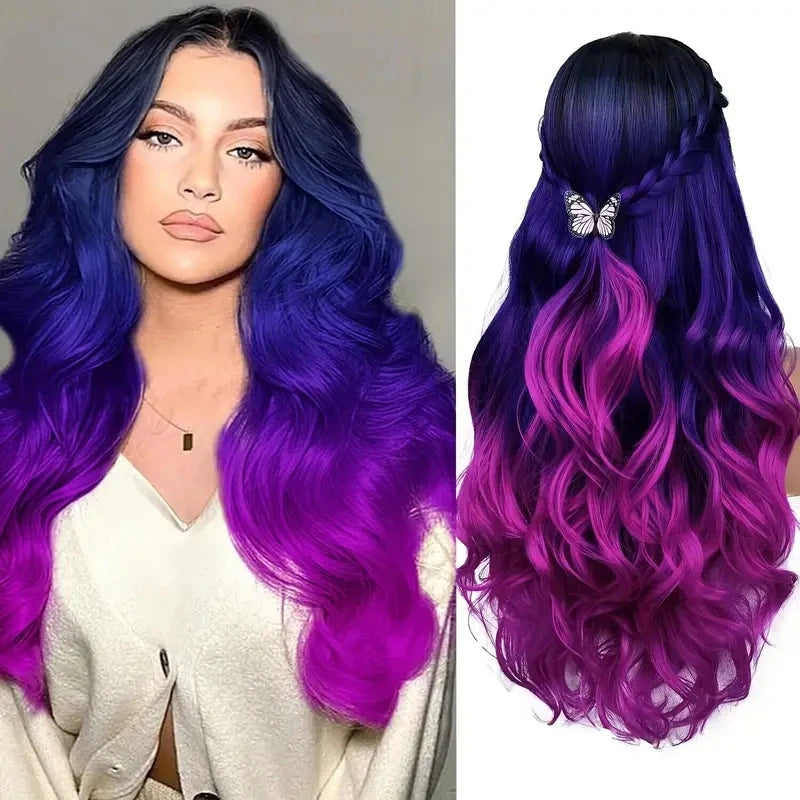 Long Purple Wavy Wigs Ombre Purple Body Wave Mermaid Hair Wig F