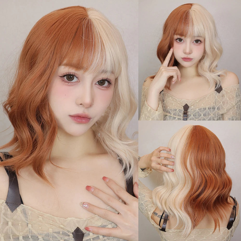 Curly Pink Purple Mixed Blue Wavy Synthetic Wigs with Bangs Short Bob Colorful Cosplay Wig