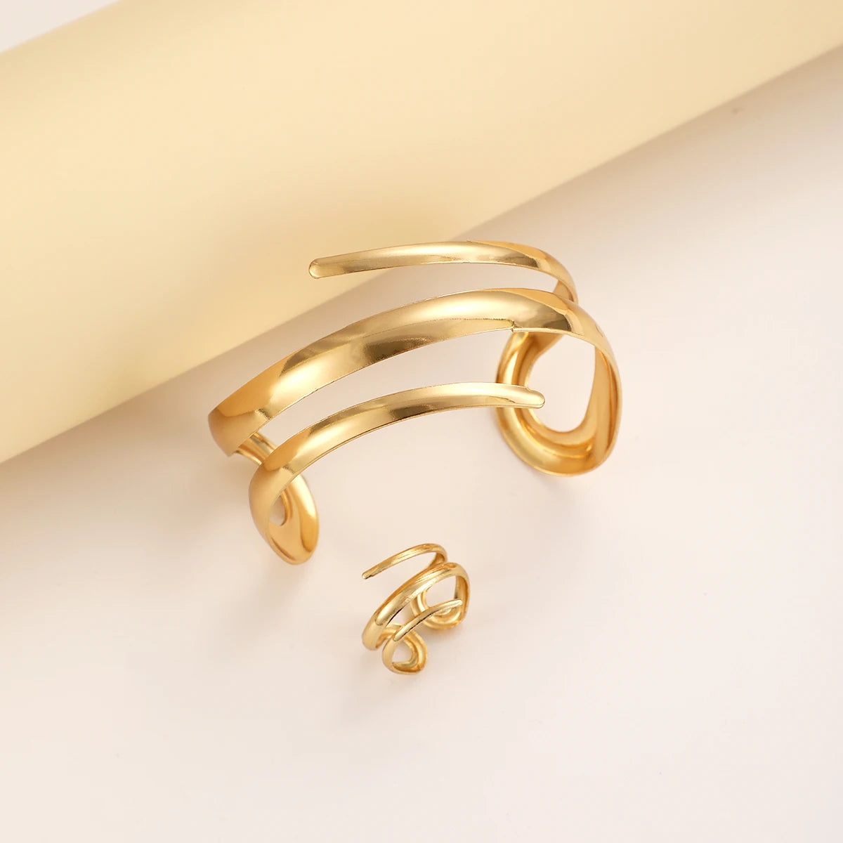 European And American Thick Bracelet And Ring Jewelry Set For Women Gold Color Geometric Line bracelets