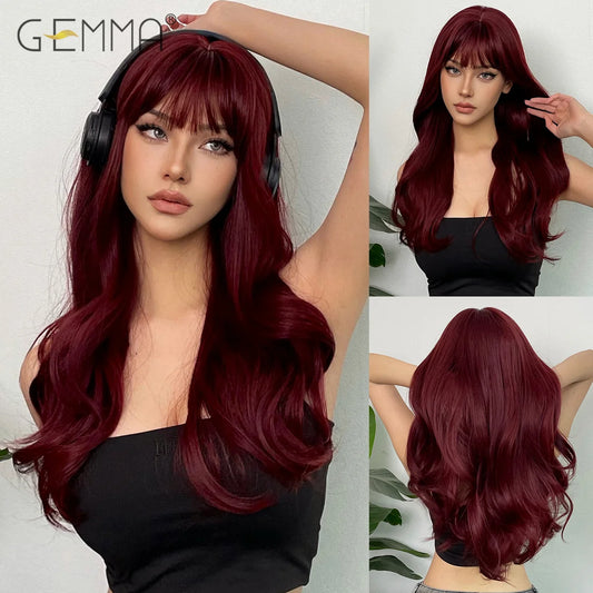Synthetic Burgundy Long Wavy Wig Wine Red Colorful Cosplay Lolita Wigs with Bangs