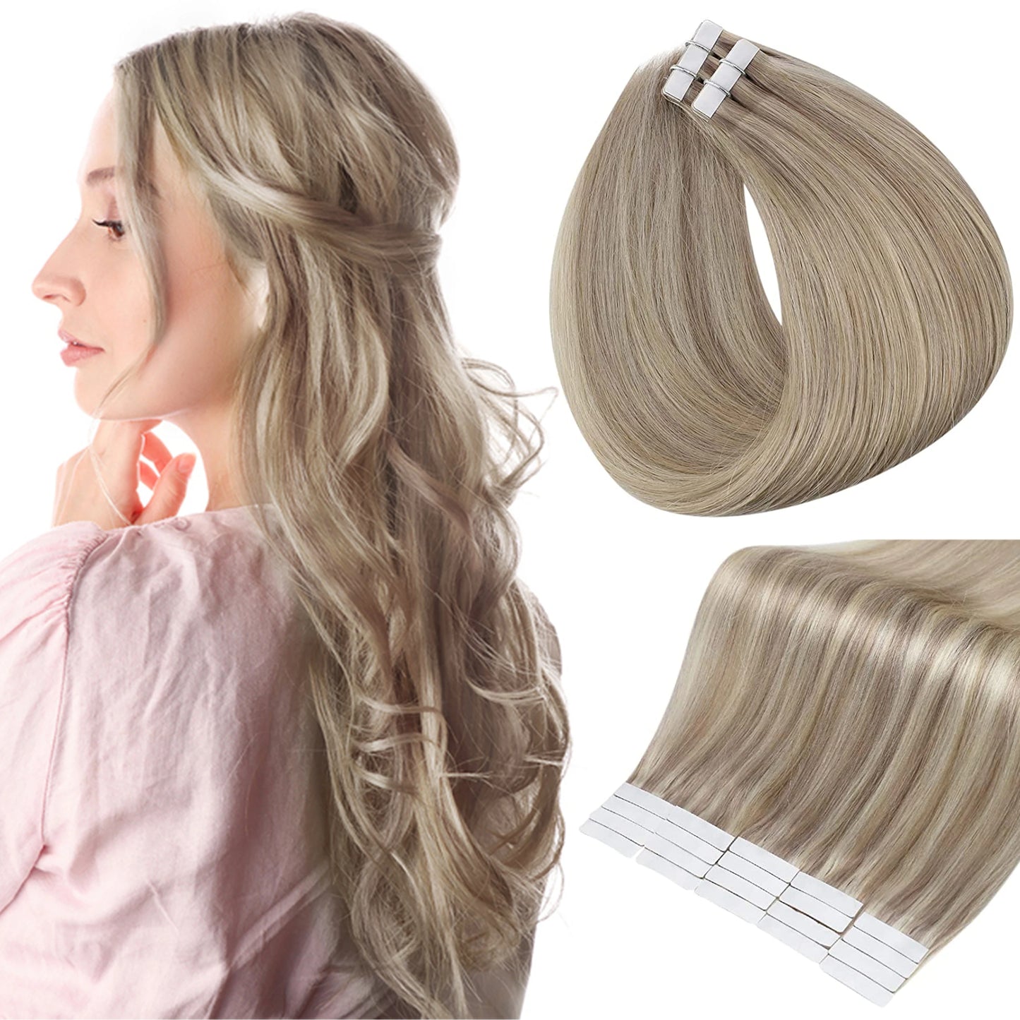 Full Shine Tape in Human Hair Extensions 100% Remy Natural Human Hair Extensions Tape in Omber Blonde Hair Extensions for Women