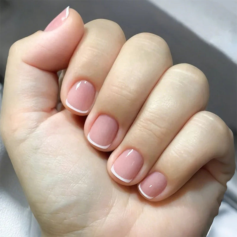 Nude Color Fake Nails for Women and Girls Short Round Head Press on Nails White French Tip