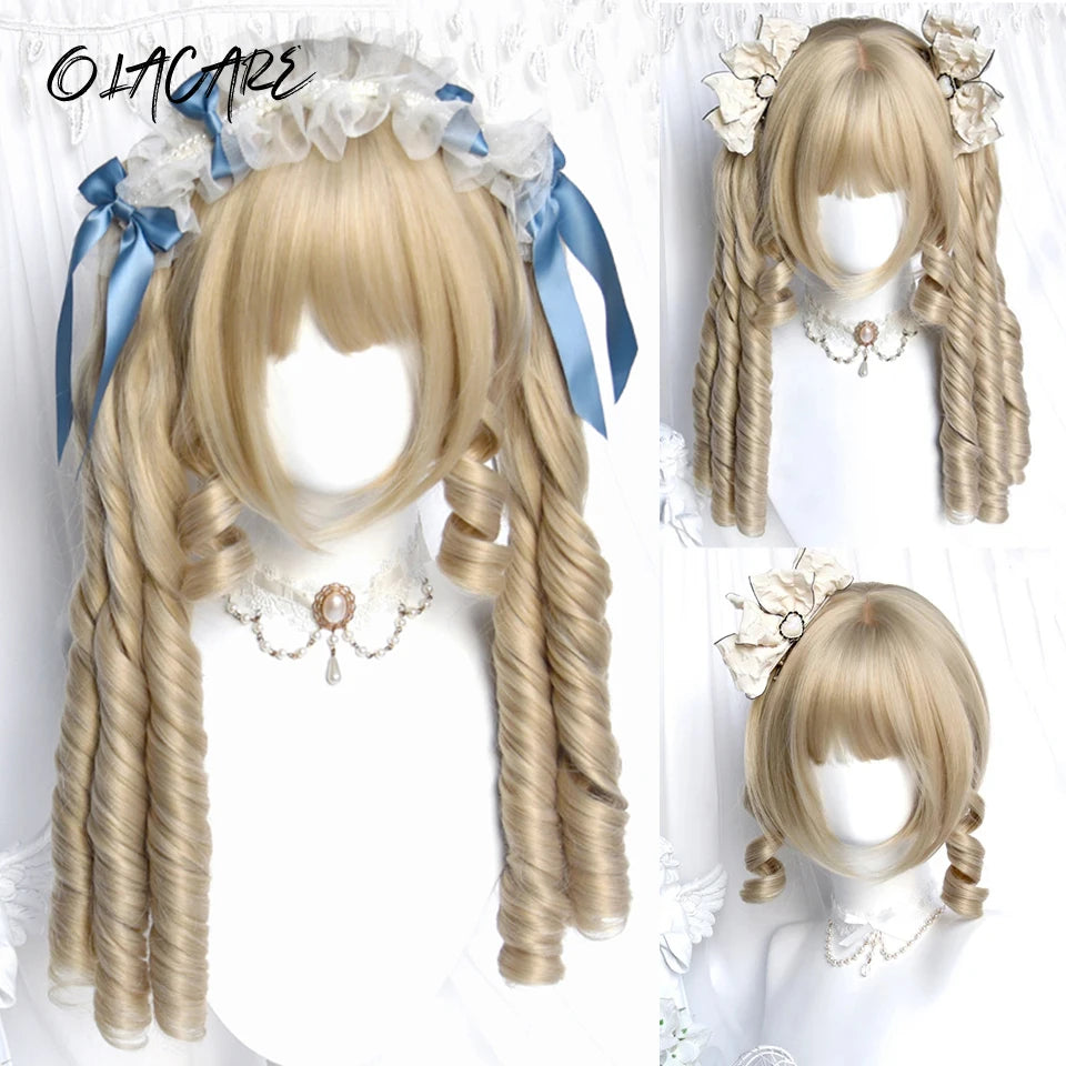 Long Curly Wave Wig with Bangs Blonde Biue Colorful Cosplay Wig for Women