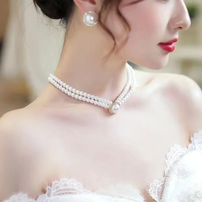 New Baroque Pearl Choker Necklace For Women Luxury Wedding Party Triple-layer Beaded Necklace