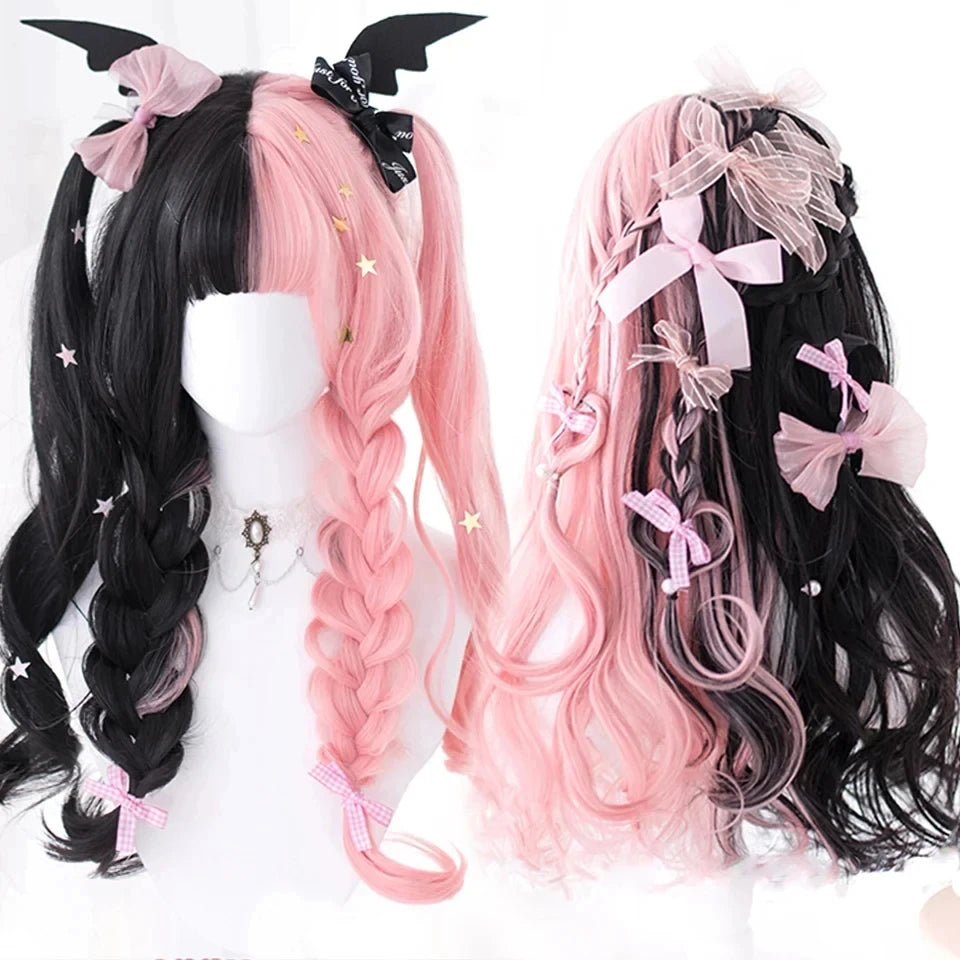 Long Curly Wave Wig with Bangs Blonde Biue Colorful Cosplay Wig for Women
