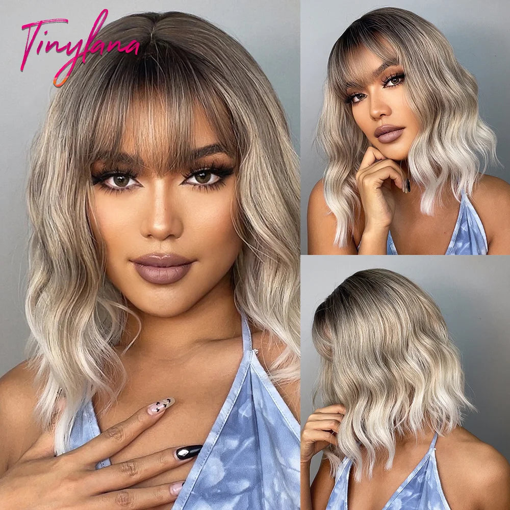 Curly Pink Purple Mixed Blue Wavy Synthetic Wigs with Bangs Short Bob Colorful Cosplay Wig