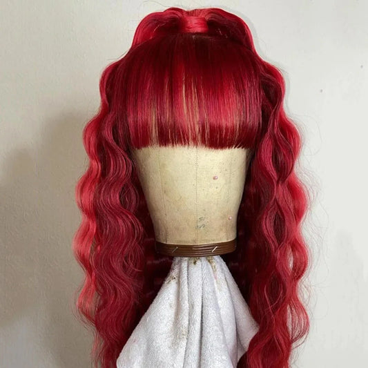 Synthetic Hair Bangs Fringe Burgundy Black Deep Wave Long  13x4 Lace Front Wigs