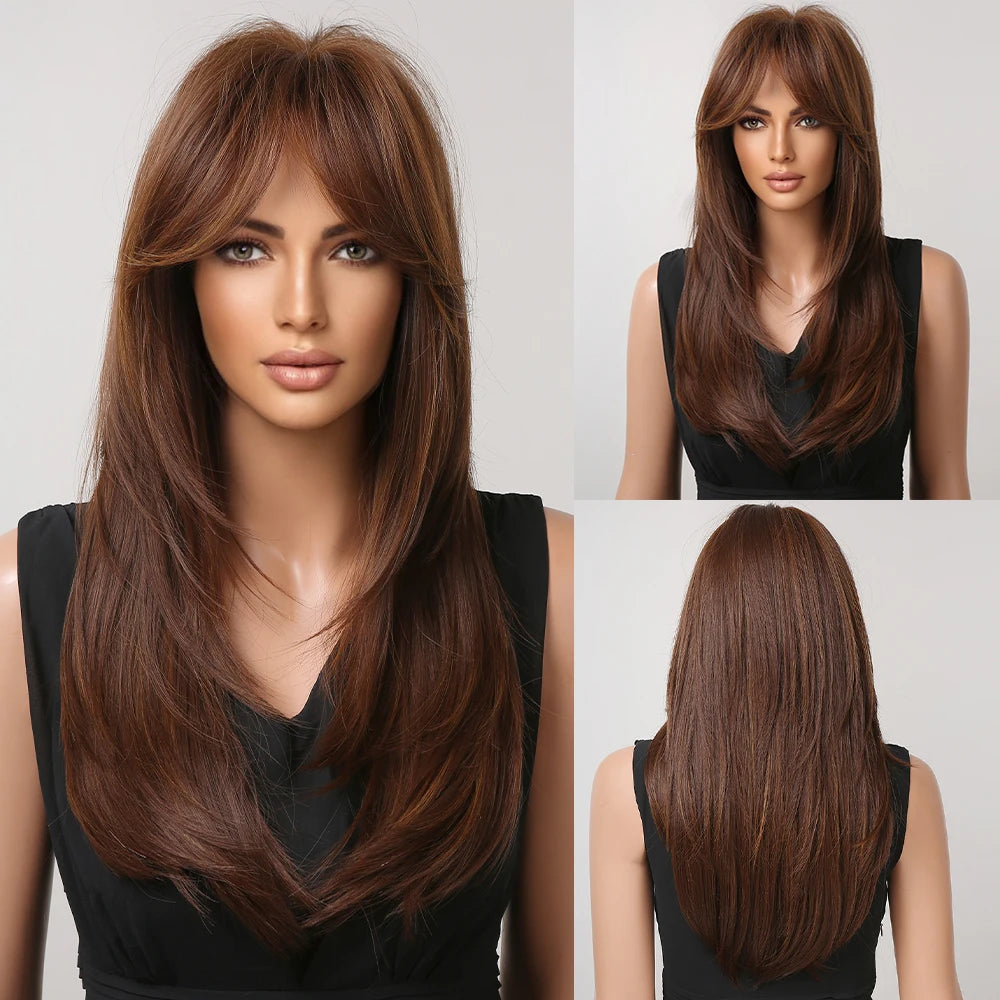 ALAN EATON Long Blonde Wigs for Women Synthetic Hair Wig with Fringe Ombre Color with Dark Roots Layered Wigs Heat Resistant