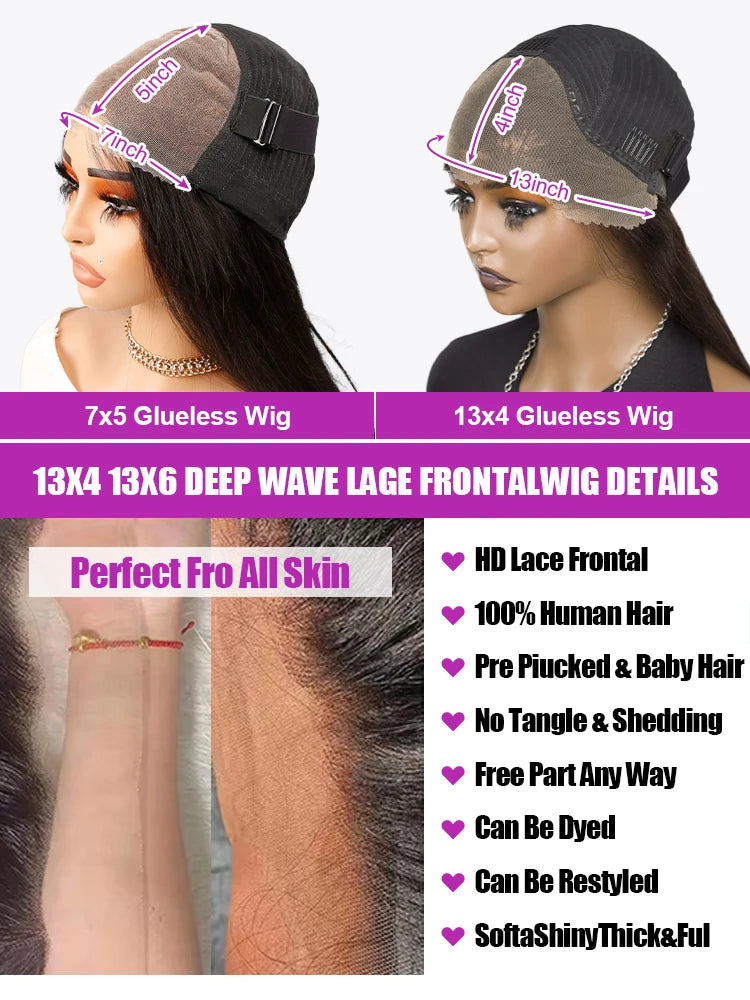 Glueless Wigs 13x4 HD Lace Frontal Wigs Ready To Wear 40 46Inch 250% Curly Wigs Human Hair 7x5 Lace Front Deep Wave Wigs Pre Cut