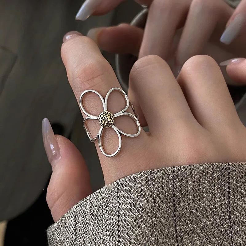 925 Sterling Silver Rings for Women Couple Minimalist Handmade Simple Big Flower Ring Party Jewelry Gift