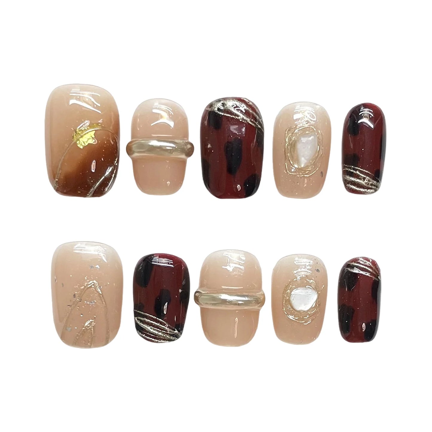 Amber Press On Nails With Gold Dust Handmade Brown Color Nails Short Round Fake Nail