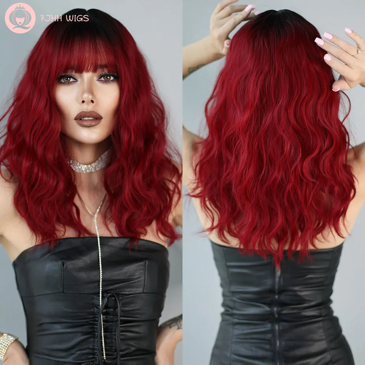 7JHH WIGS Dark Red Wigs for Women Burgundy Wavy Wig with Bangs Colorful Synthetic Ombre Red Wig