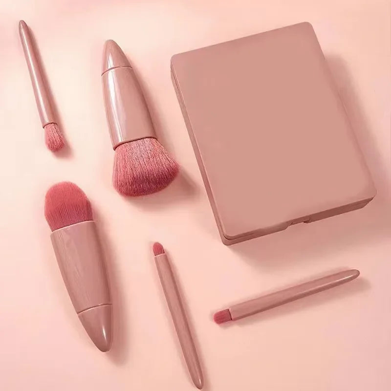 5 PCs Cosmetic Brush Portable Makeup Brush Travel With Mirror Box Makeup Set Brush Loose Brush