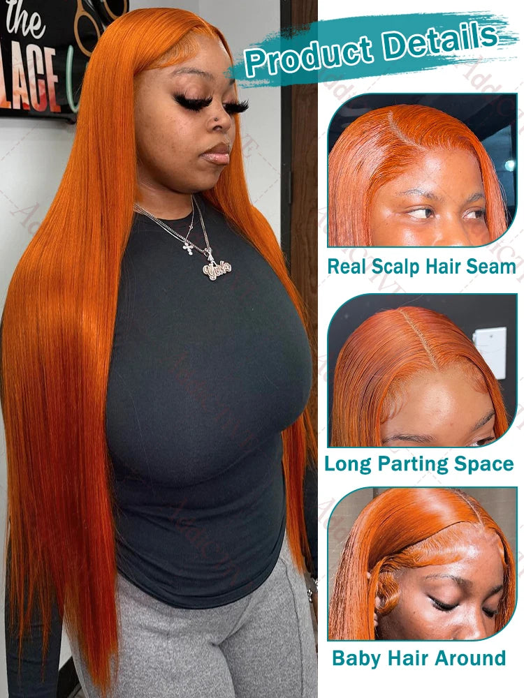 200% 30 40 Inch Ginger Orange Bone Straight 13x6 Lace Front Human Hair Wig 13x4 HD Transparent Lace Frontal Wigs