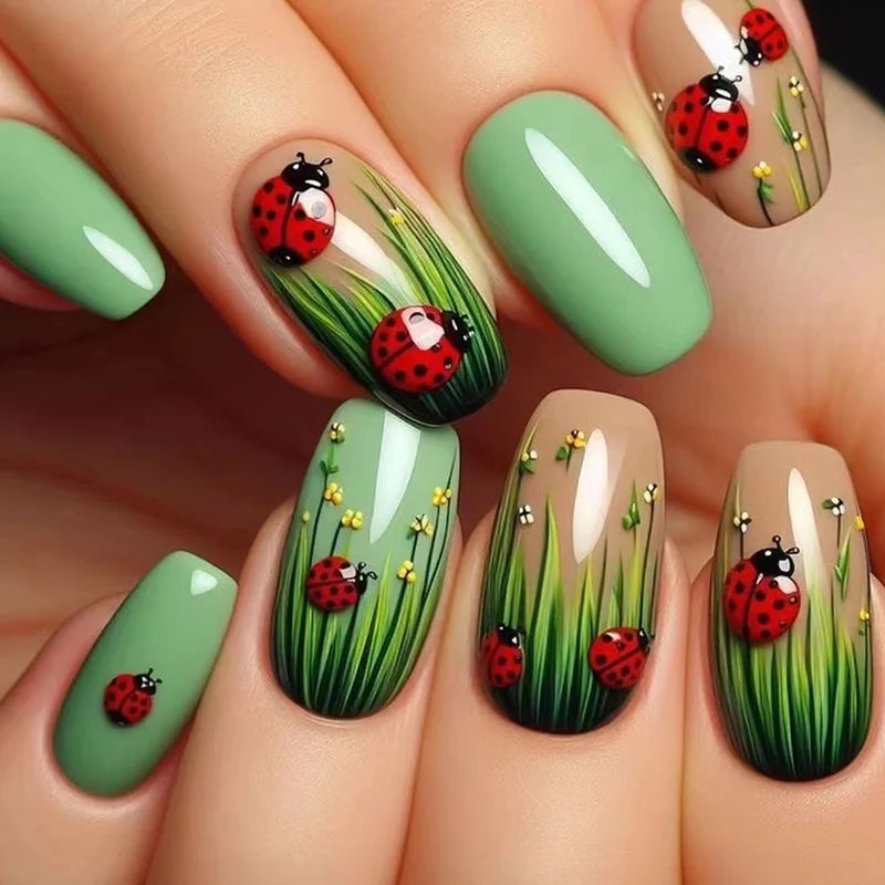 24Pcs Short Almond Press-On Nails Pink Floral French Tip Glossy&Elegant Full Cover Fake Nails