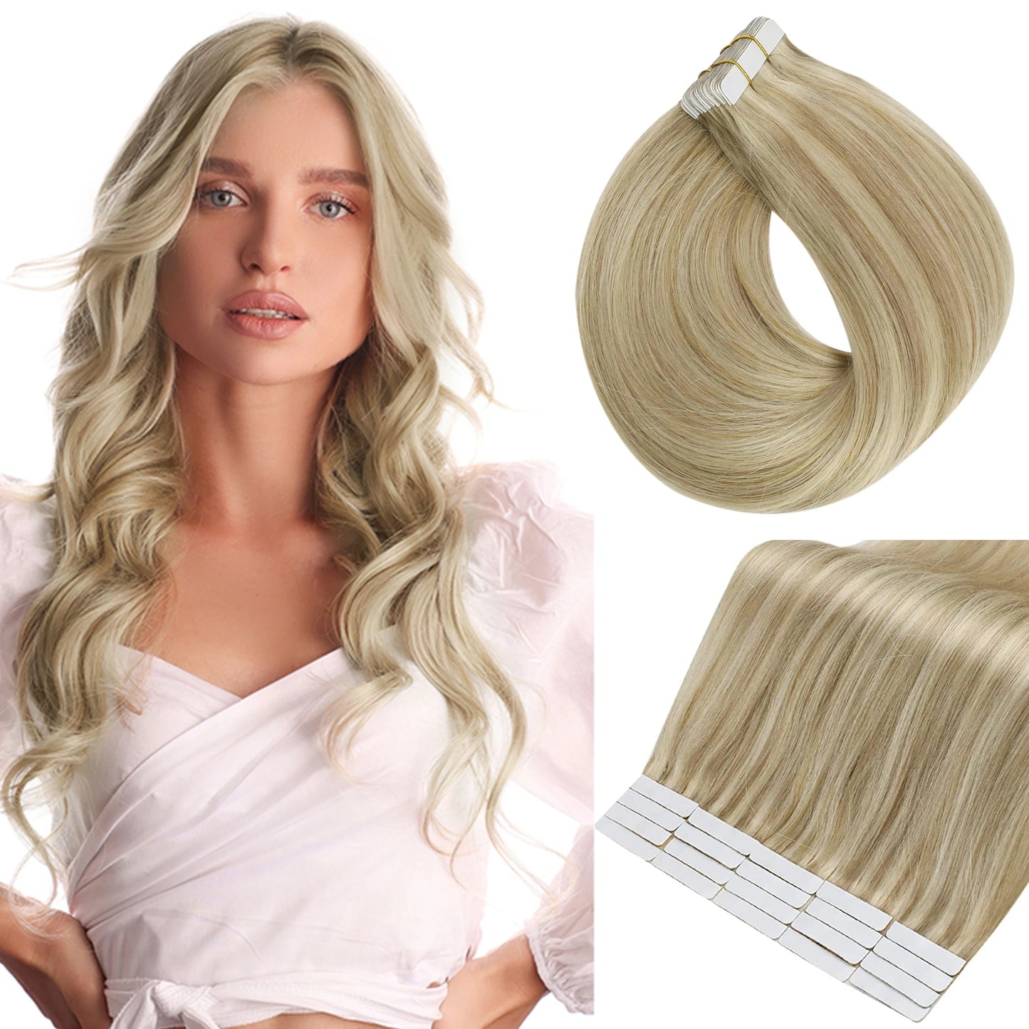 Full Shine Tape in Human Hair Extensions 100% Remy Natural Human Hair Extensions Tape in Omber Blonde Hair Extensions for Women