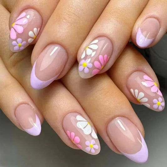 24Pcs Short Almond Press-On Nails Pink Floral French Tip Glossy&Elegant Full Cover Fake Nails