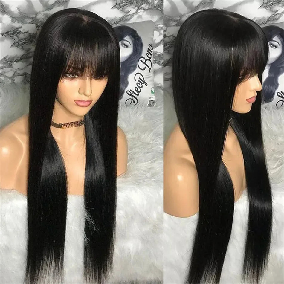 Silky Wig Human Hair Full Machine Made Straight 100% Human Hair Wigs With bangs