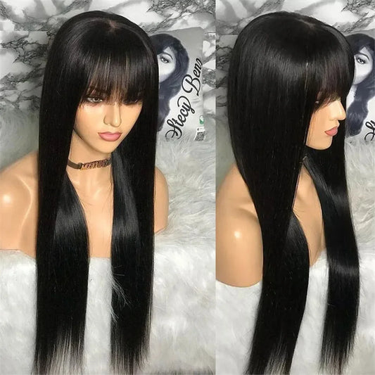 Silky Wig Human Hair Full Machine Made Straight 100% Human Hair Wigs With bangs