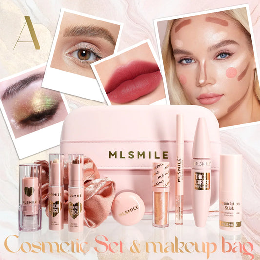 Makeup Kit With Organize Case Lipstick Contour Highlight Liquid Eyeshadow Lip Mud Eyebrow Pencil mascara