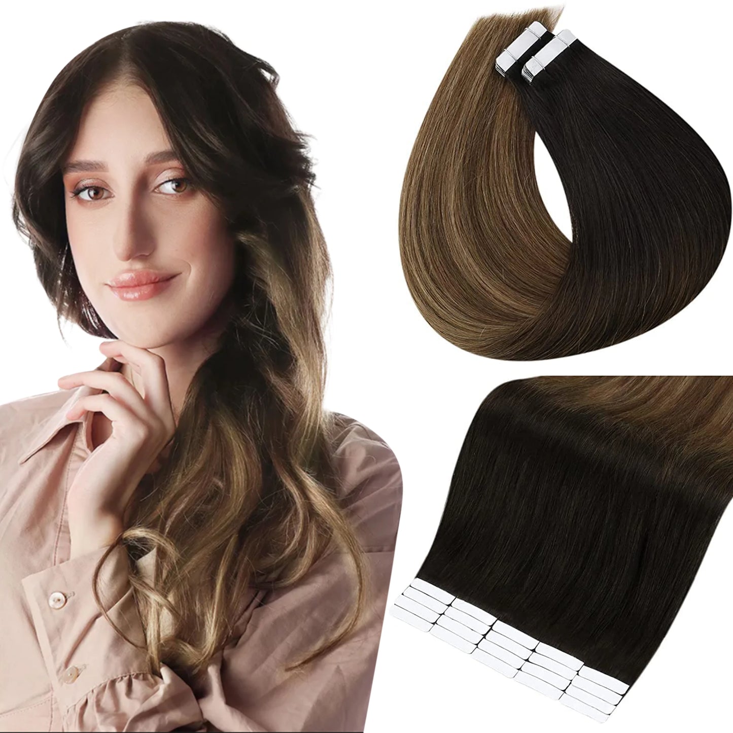 Full Shine Tape in Human Hair Extensions 100% Remy Natural Human Hair Extensions Tape in Omber Blonde Hair Extensions for Women