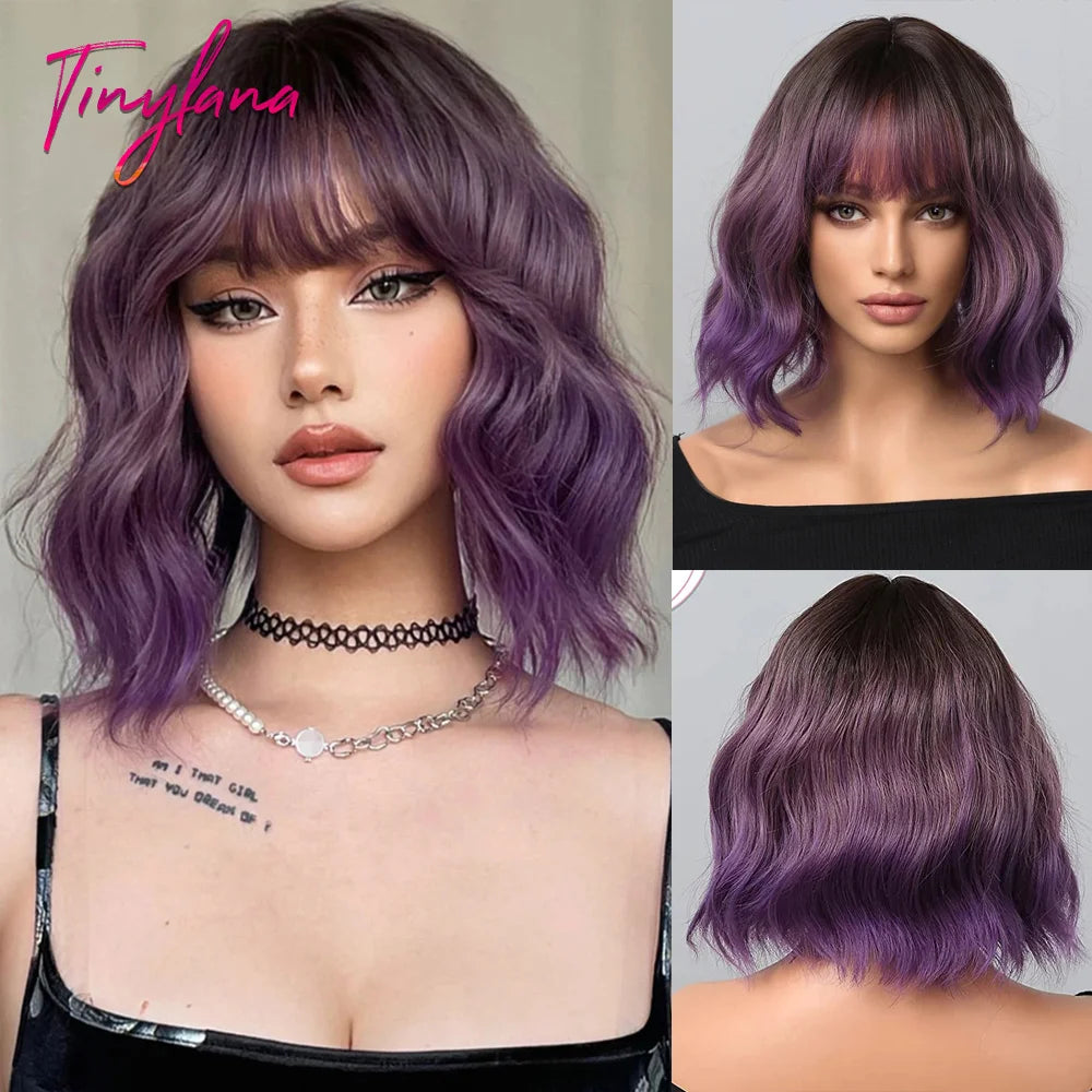 Curly Pink Purple Mixed Blue Wavy Synthetic Wigs with Bangs Short Bob Colorful Cosplay Wig