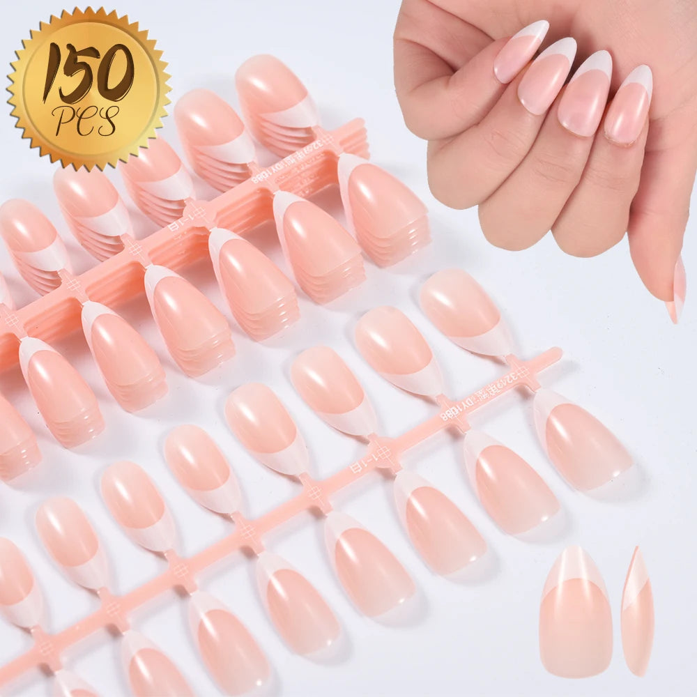 360/150pcs/box Nude Pink Almond French False Nails White Tip Design Short Wearing Fake Nails