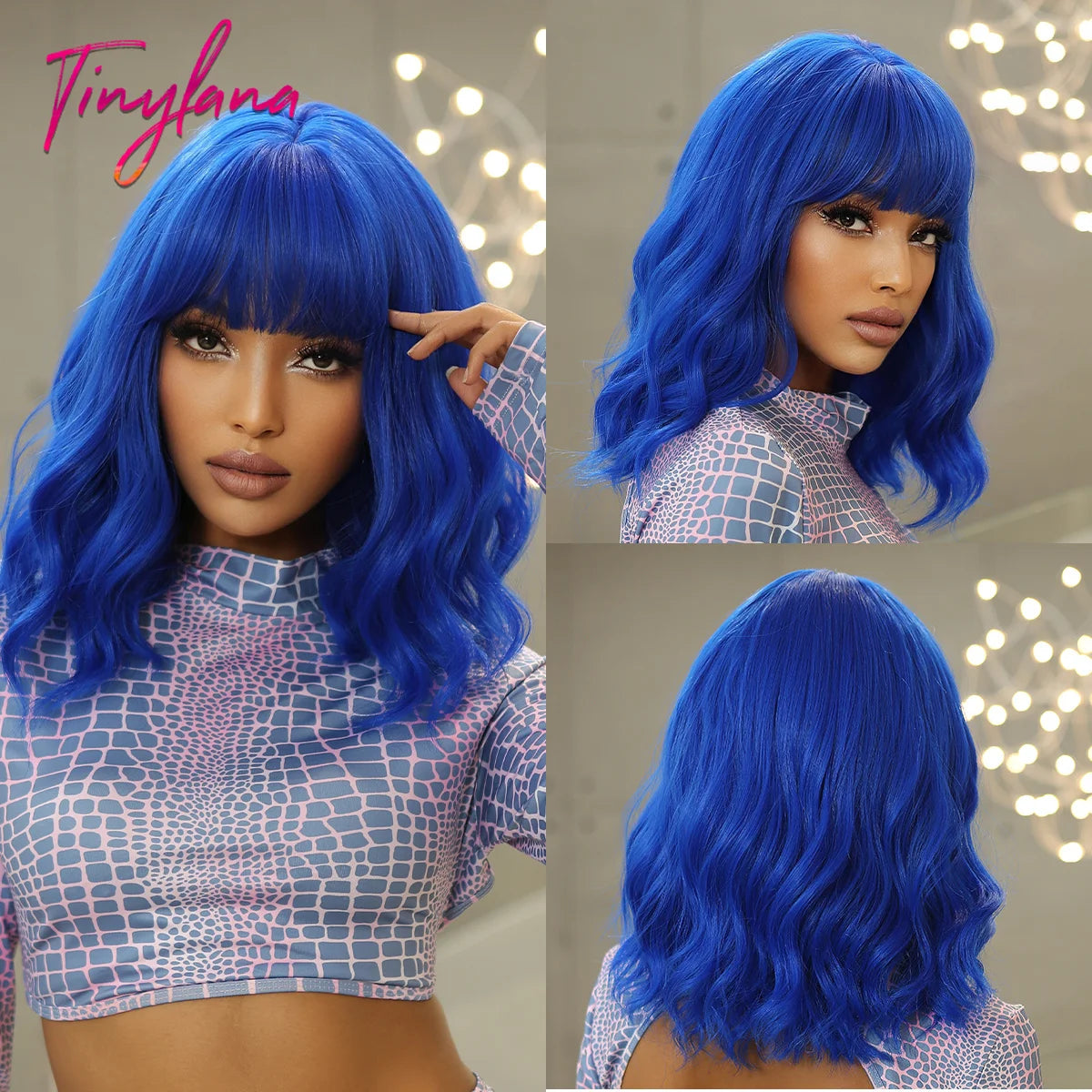 Curly Pink Purple Mixed Blue Wavy Synthetic Wigs with Bangs Short Bob Colorful Cosplay Wig